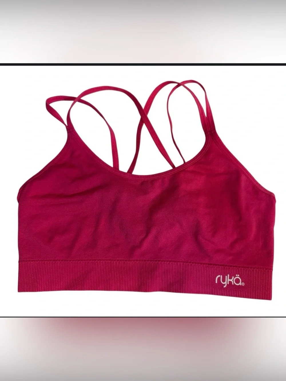 ryla pink  sports bra features a multi-strap crisscross back design sz(m)